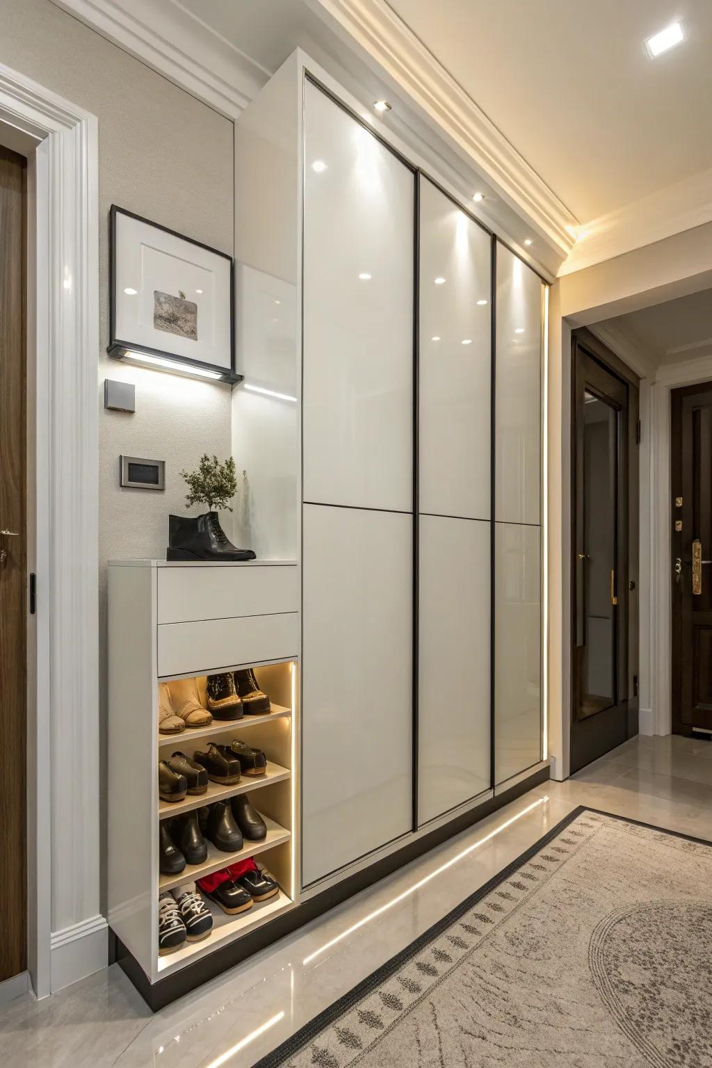 Shoe cabinets with doors create a tidy and organized entryway.