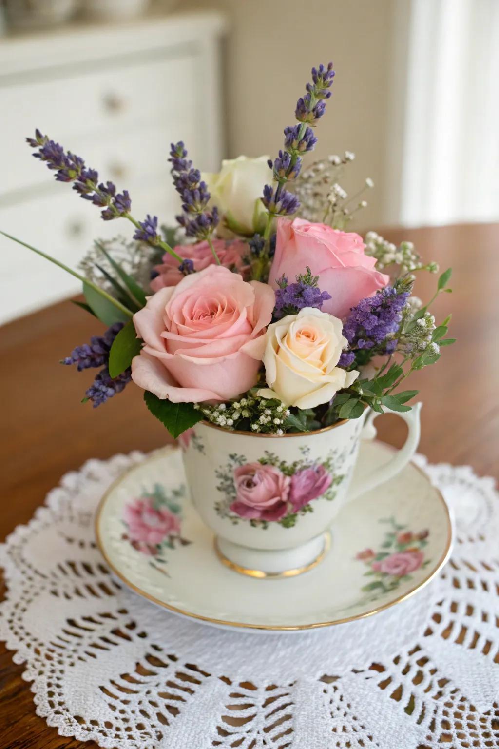 Classic cups function as graceful flower exhibits.