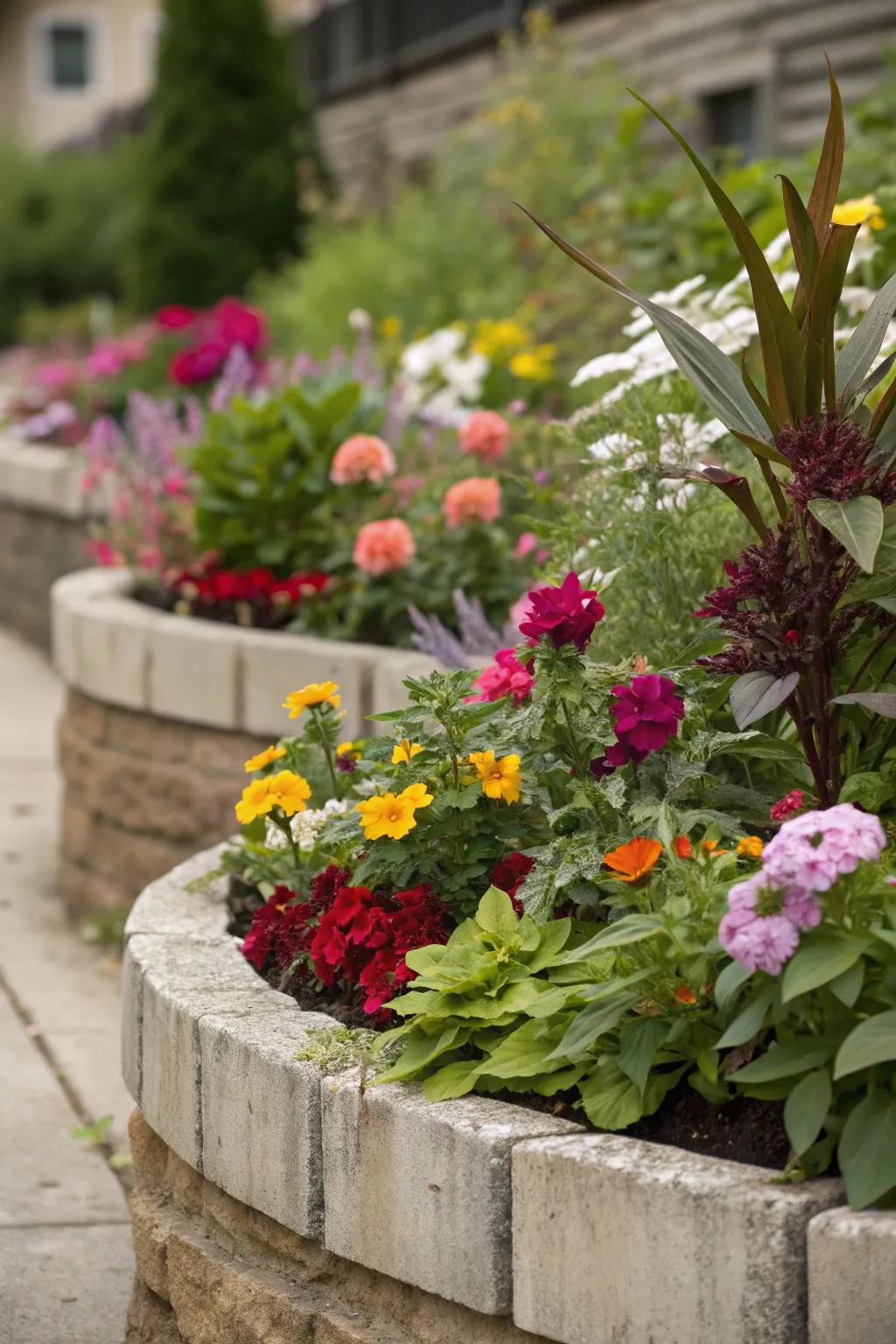 A compact, layered flower bed showcasing a stunning arrangement of plants with varied heights and shades.