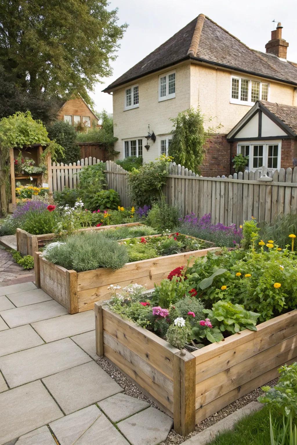 Elevated wooden beds overflowing with radiant flowers and herbs.