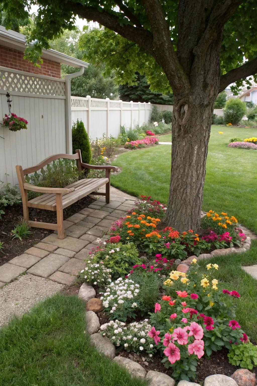 A welcoming bench encourages relaxation in your front garden.