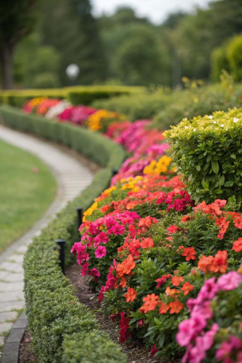 Bloom beds delineated by short hedges for a striking garden view.