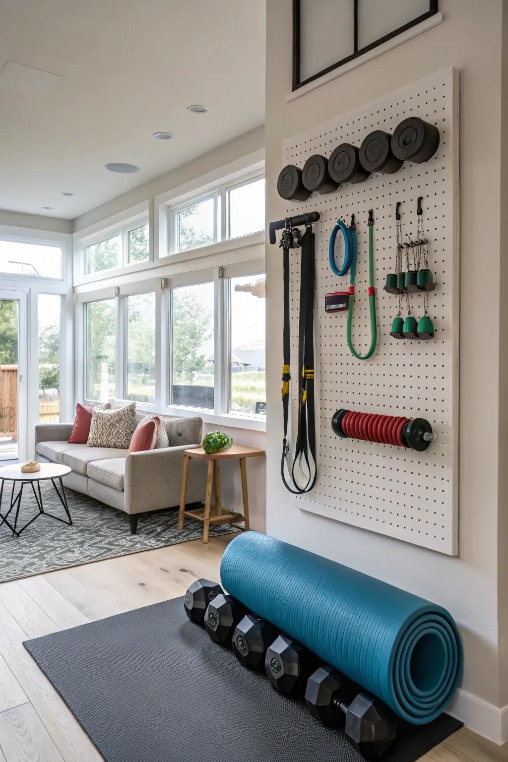 Pegboards mounted on the wall offer a tidy and effective storage option.