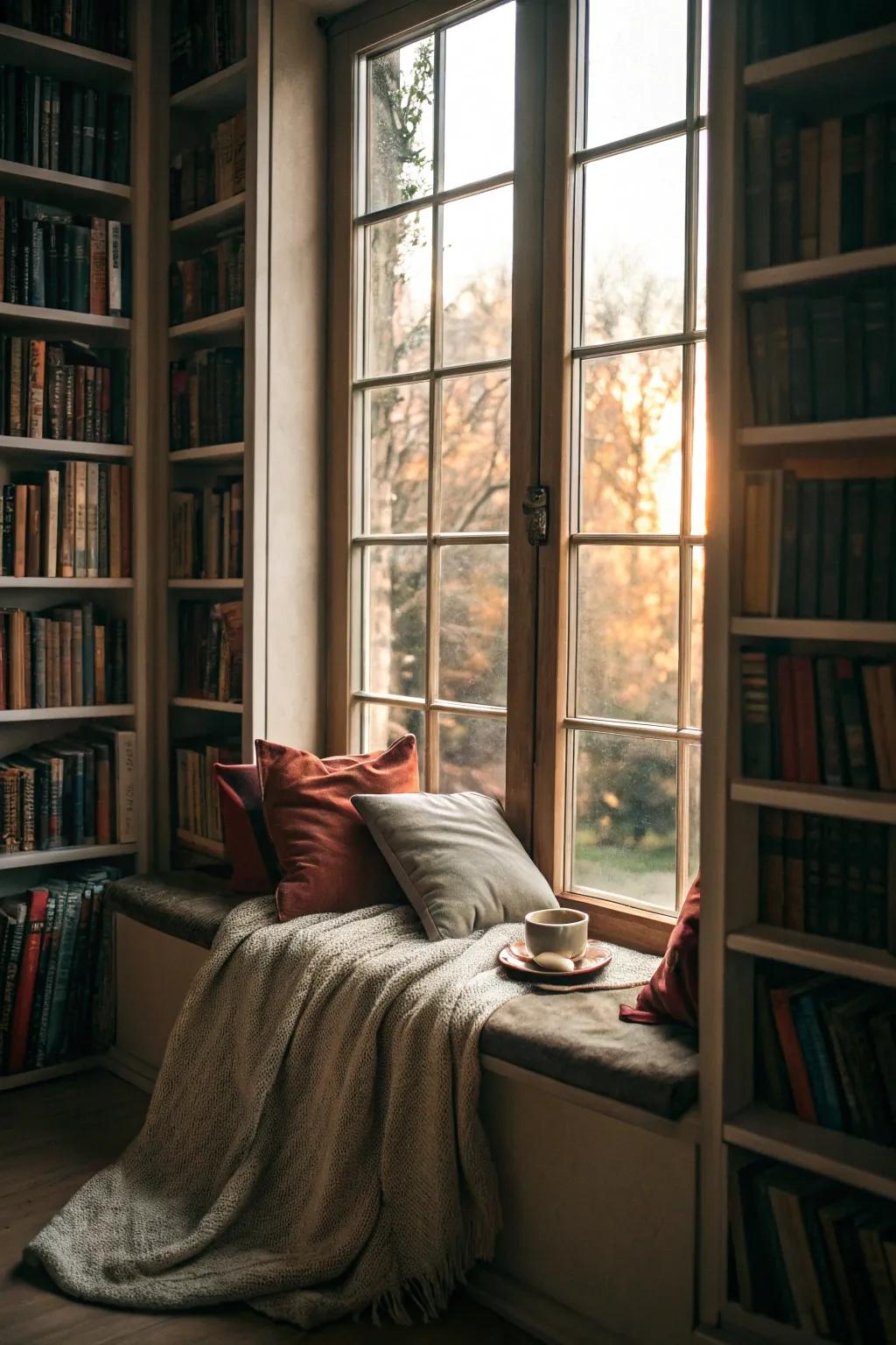 A reading perch crafts an inviting reading spot bathed in sunlight.