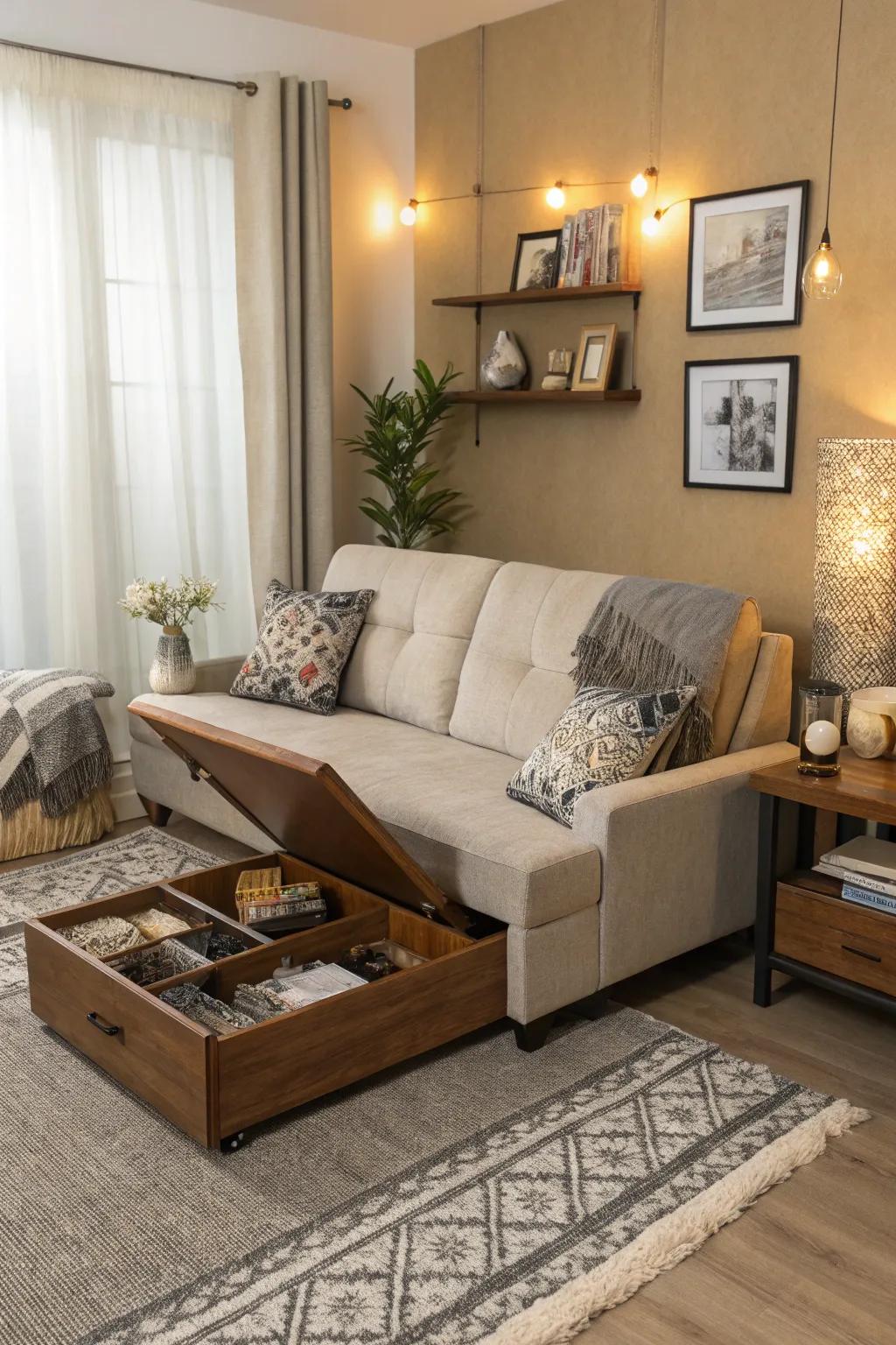 A stylish sofa bed and storage coffee table in a small living room.