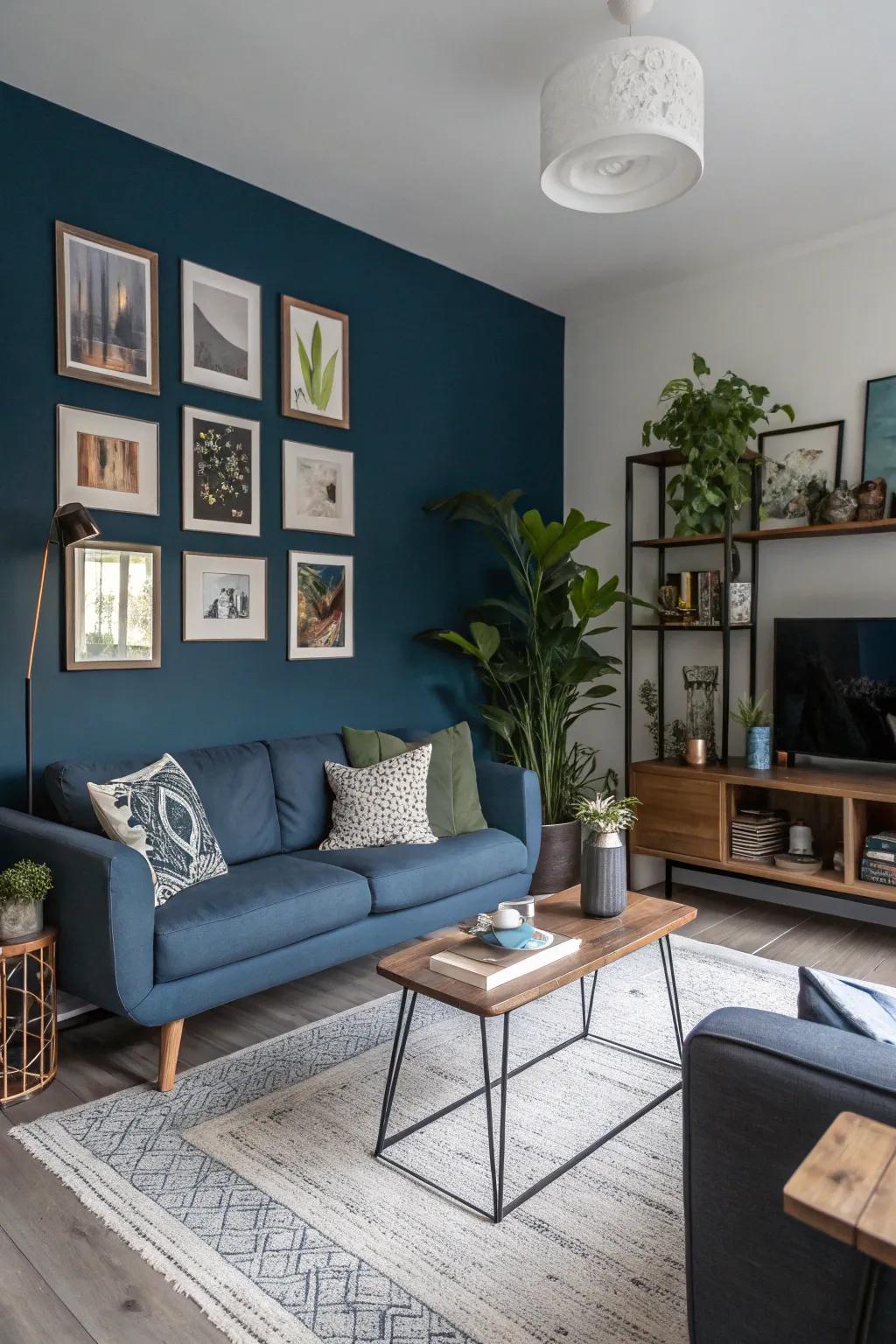 A small living area enhanced with a profound blue accent wall to introduce dimension.