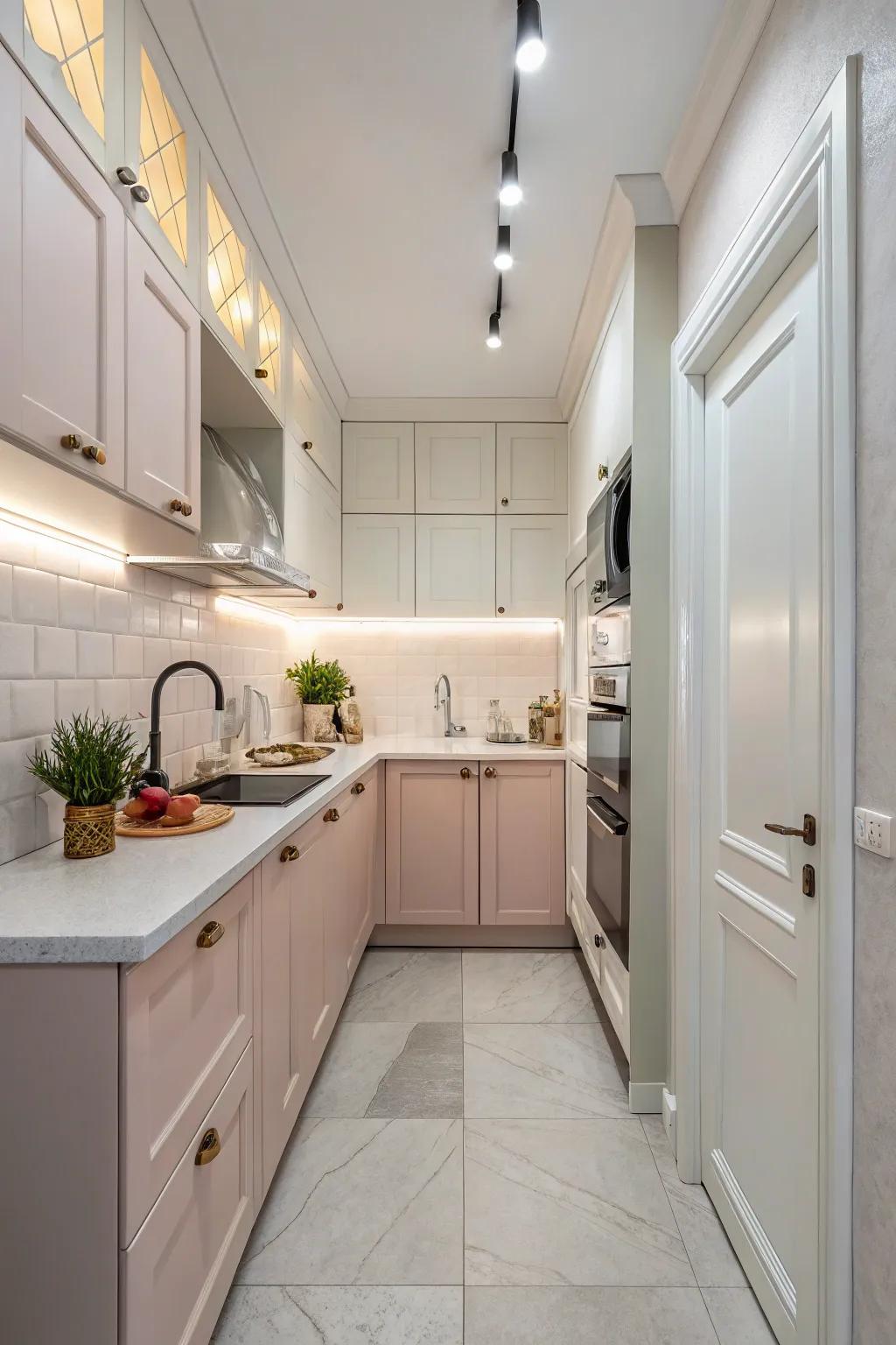 Vivid tones and lights reconstruct a compact kitchen toward an inviting setting.