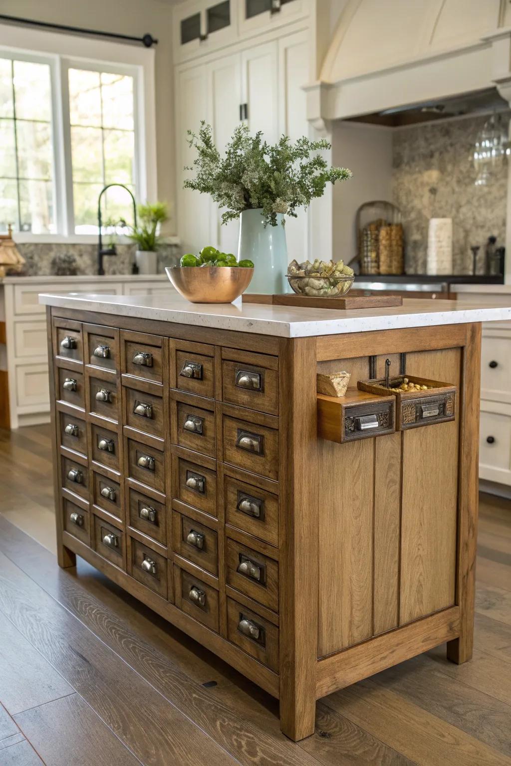 An extraordinary island featuring apothecary drawers that offer both allure and storage.