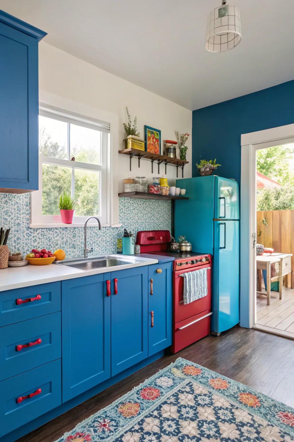 Vivid hues inject drama and character into smaller kitchens.