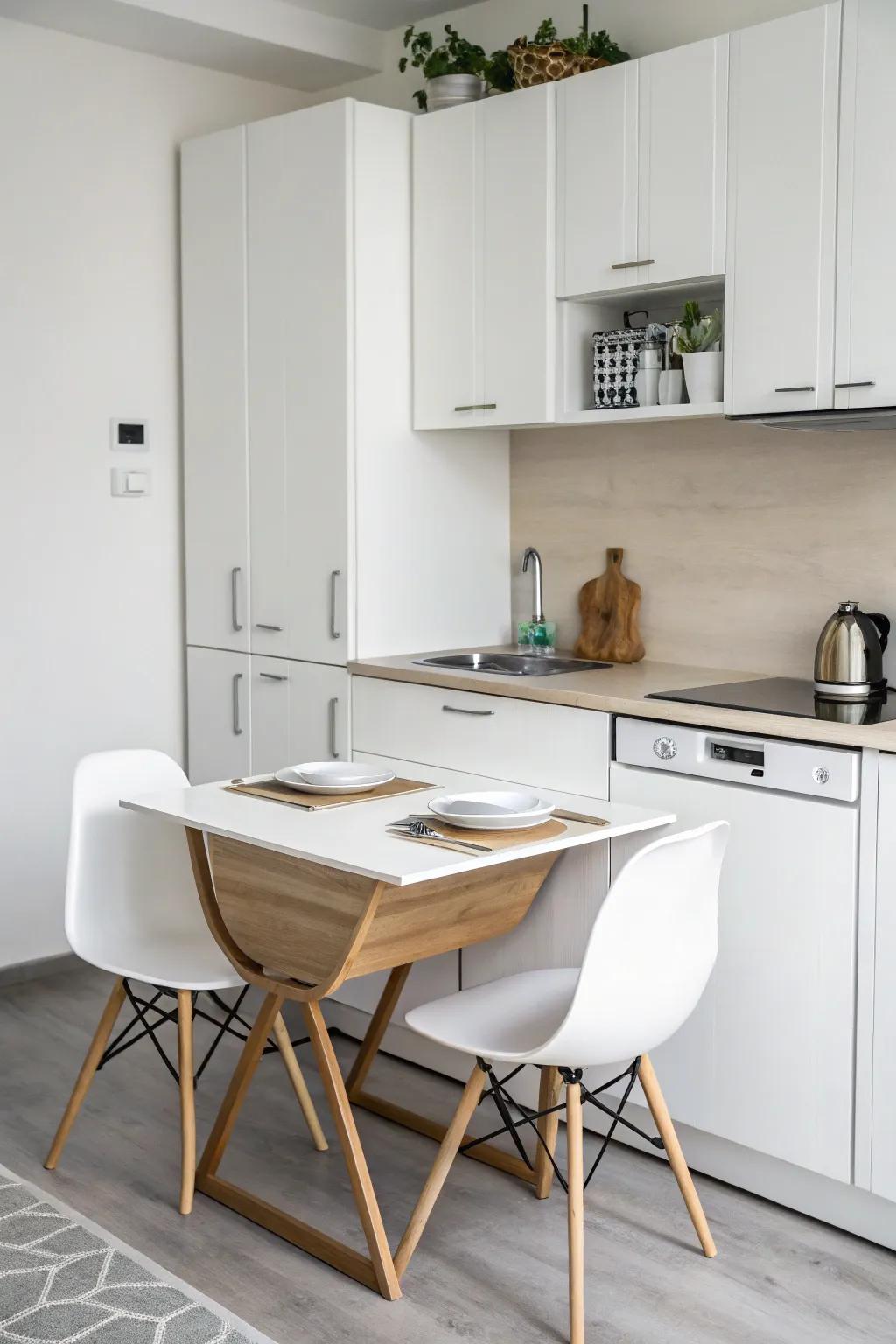 A drop-leaf table that amplifies space in a compact kitchen.