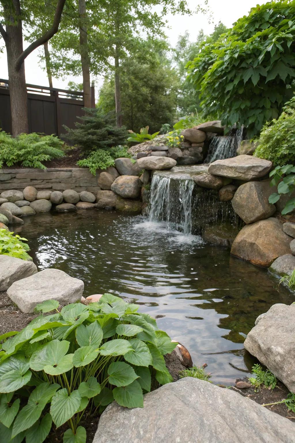 A mesmerizing miniature waterfall in a small koi pond.