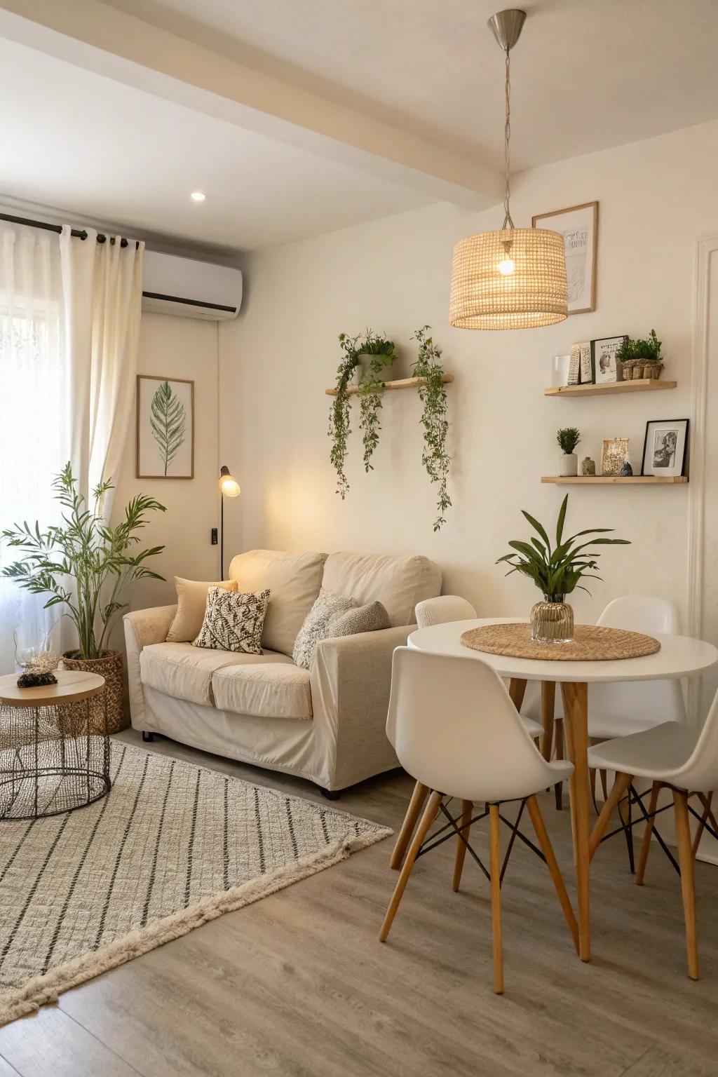 Soft colors amplifying the sense of space in a compact combined room.