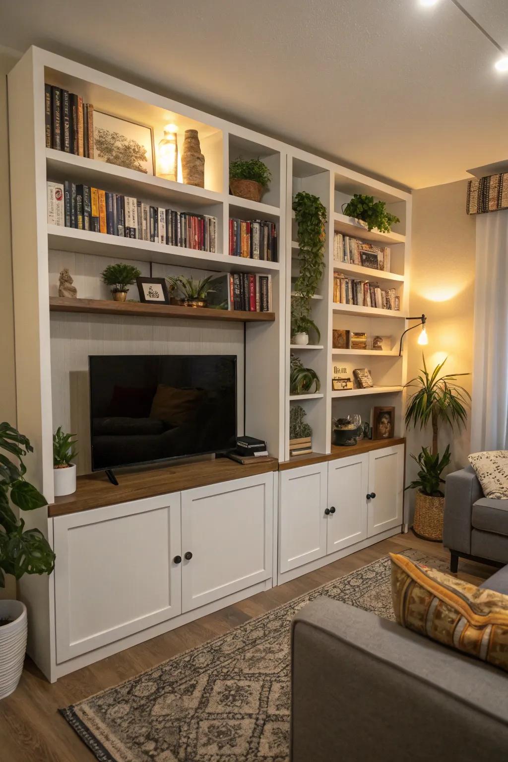 Vertical storage solutions conserve space and enrich character.