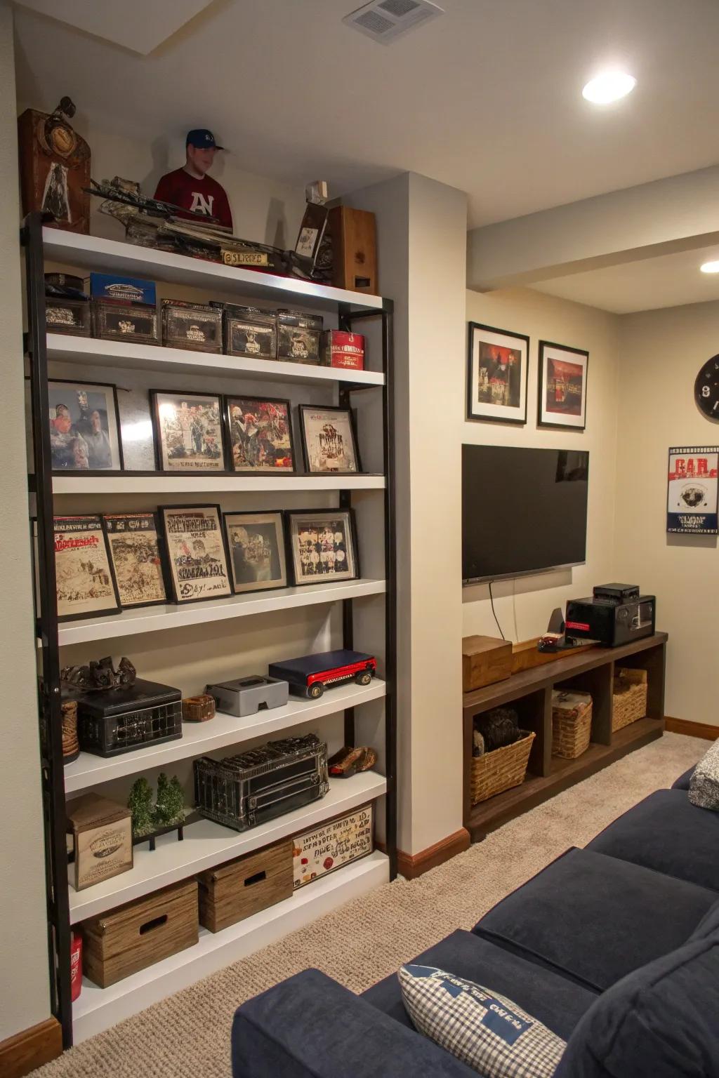 Shelves attached to the wall make great use of vertical area, displaying memorabilia without occupying floor space.