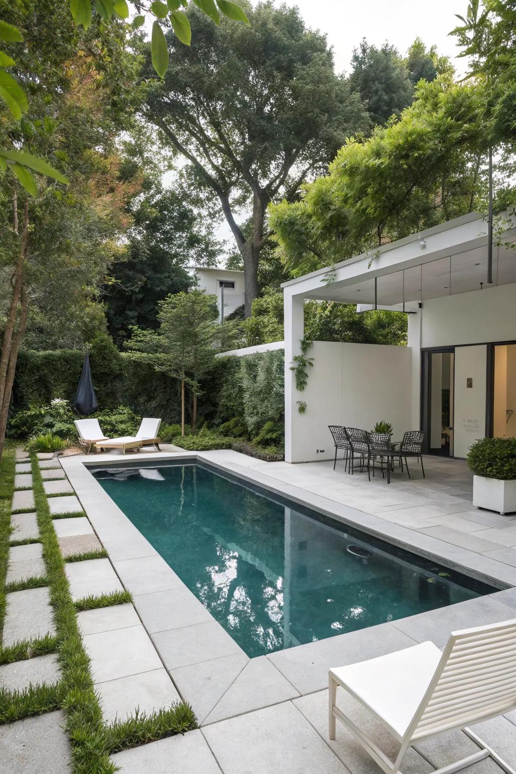 A geometric pool that is notable due to its modern aesthetic.
