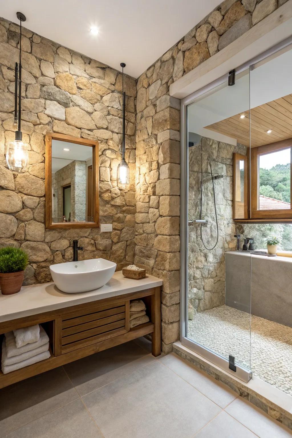 Stone walls add texture to a compact, modern, rustic bathroom.