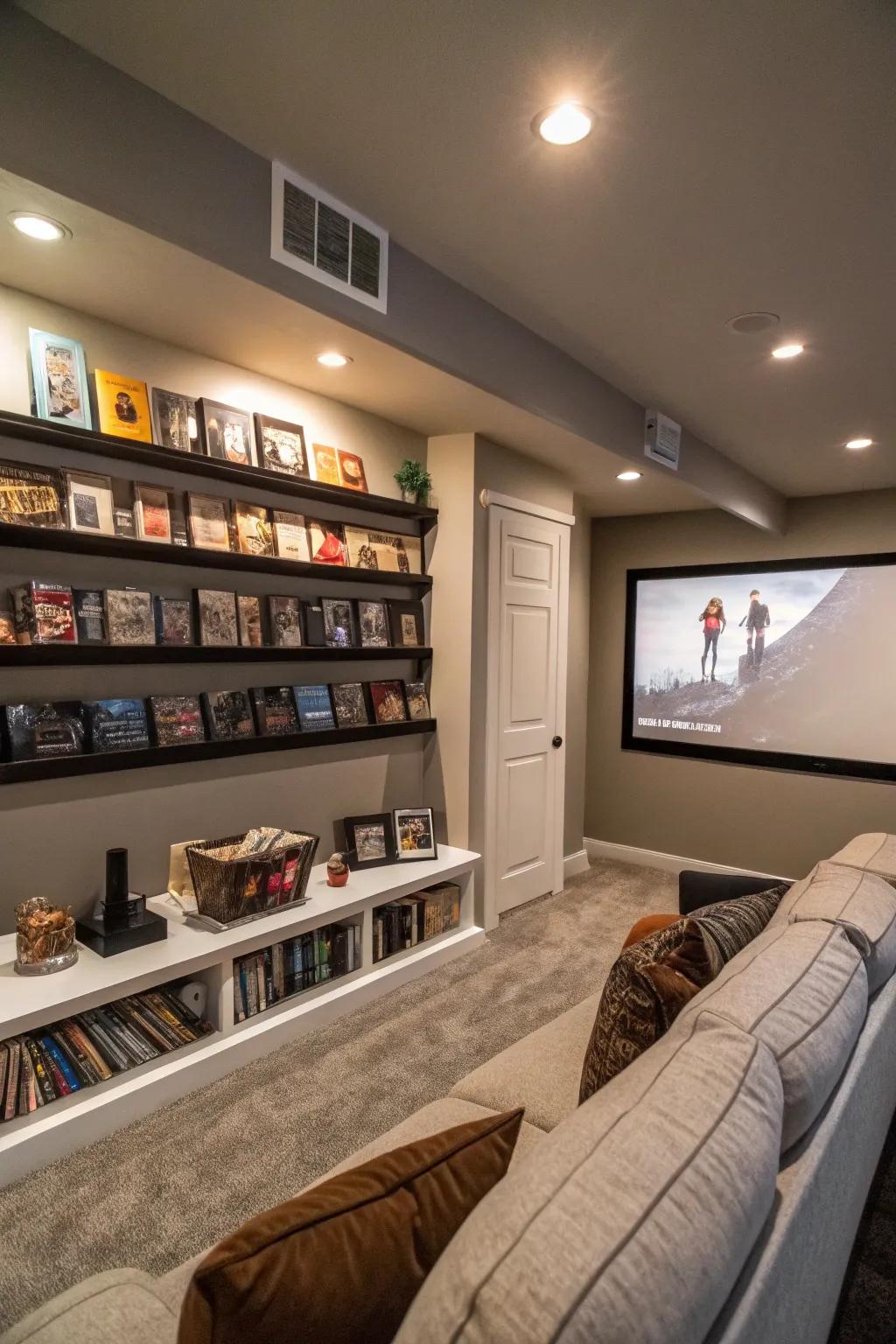 Fashionable and sensible wall-mounted shelves for keeping movies.