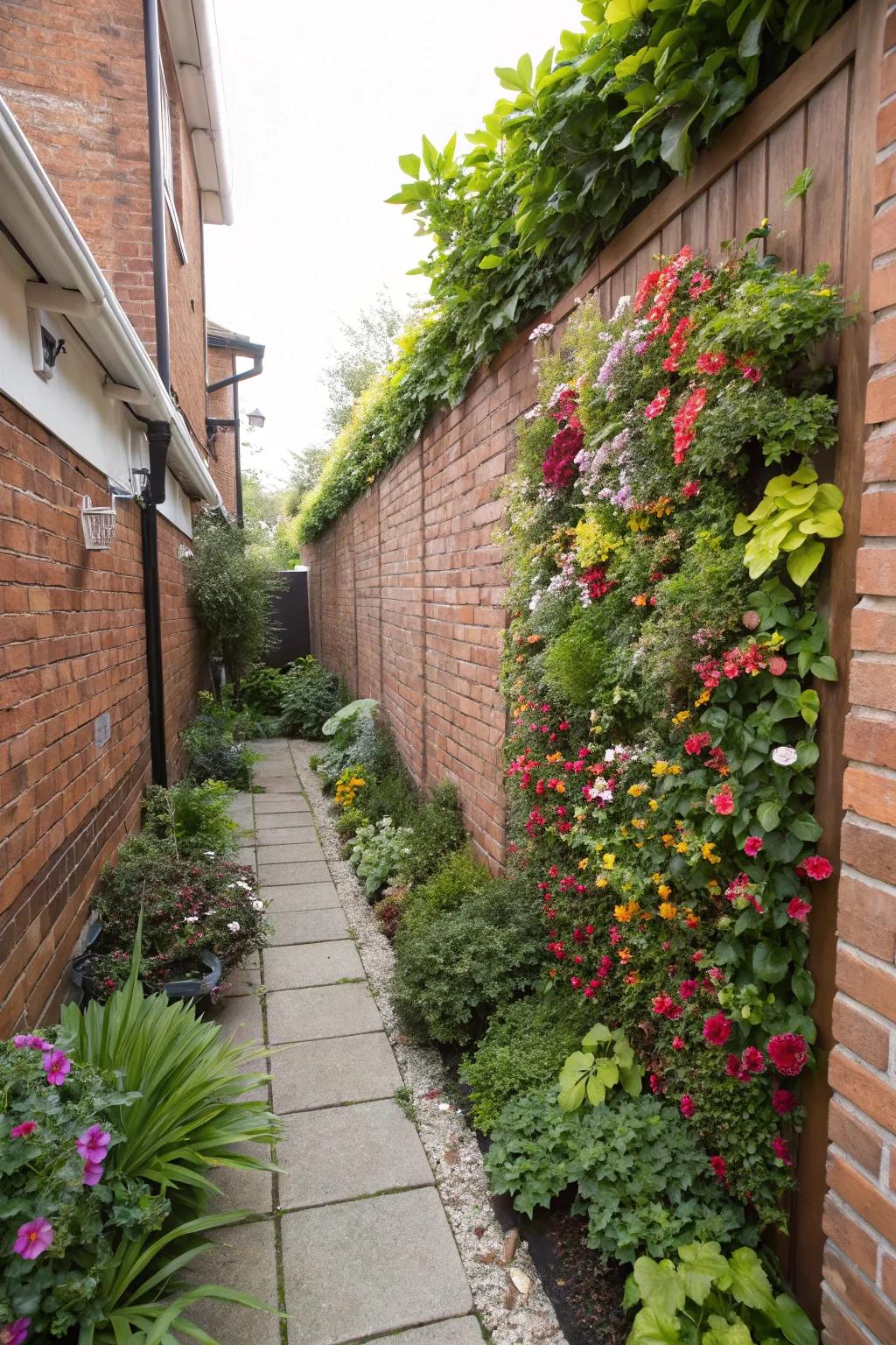 Vertical gardens make excellent use of limited space, adding greenery to narrow side yards.