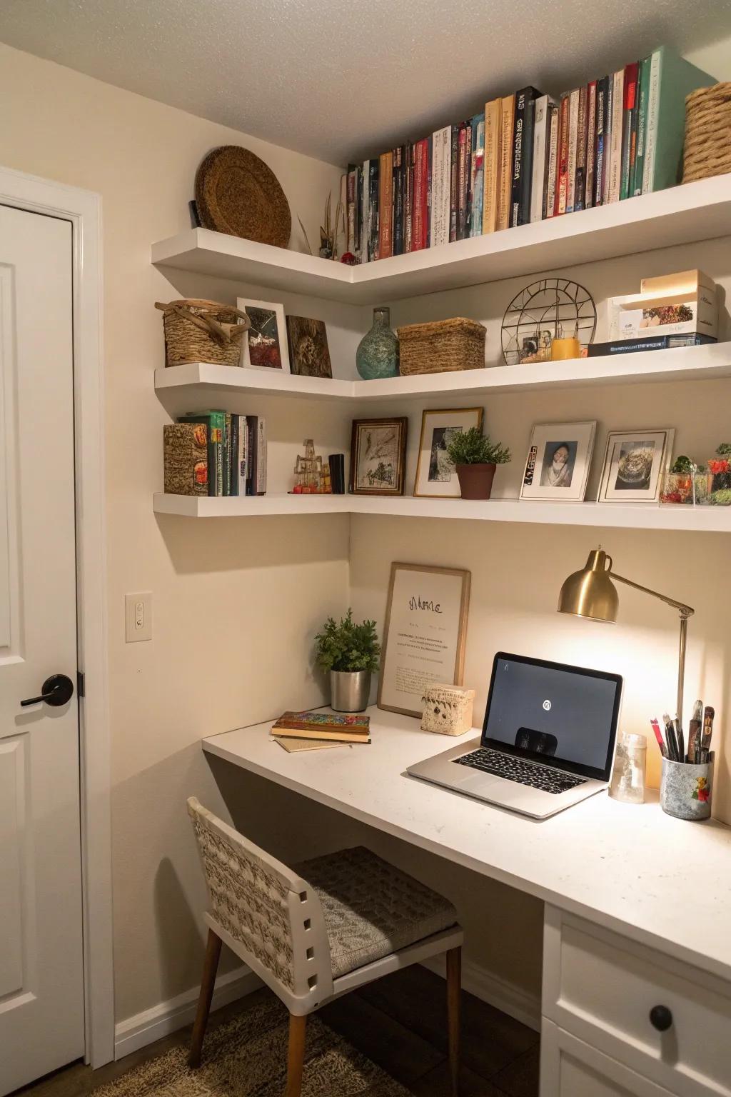 Floating shelves offer useful storage while improving the aesthetic of the office.