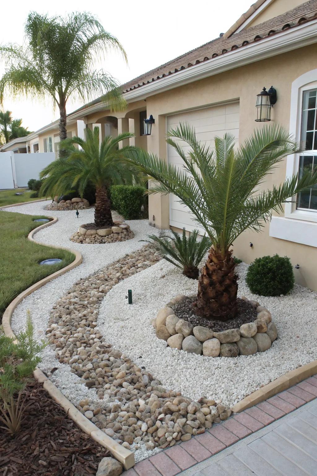 Ornamental stones and pebbles lend a modern touch to palm landscaping.