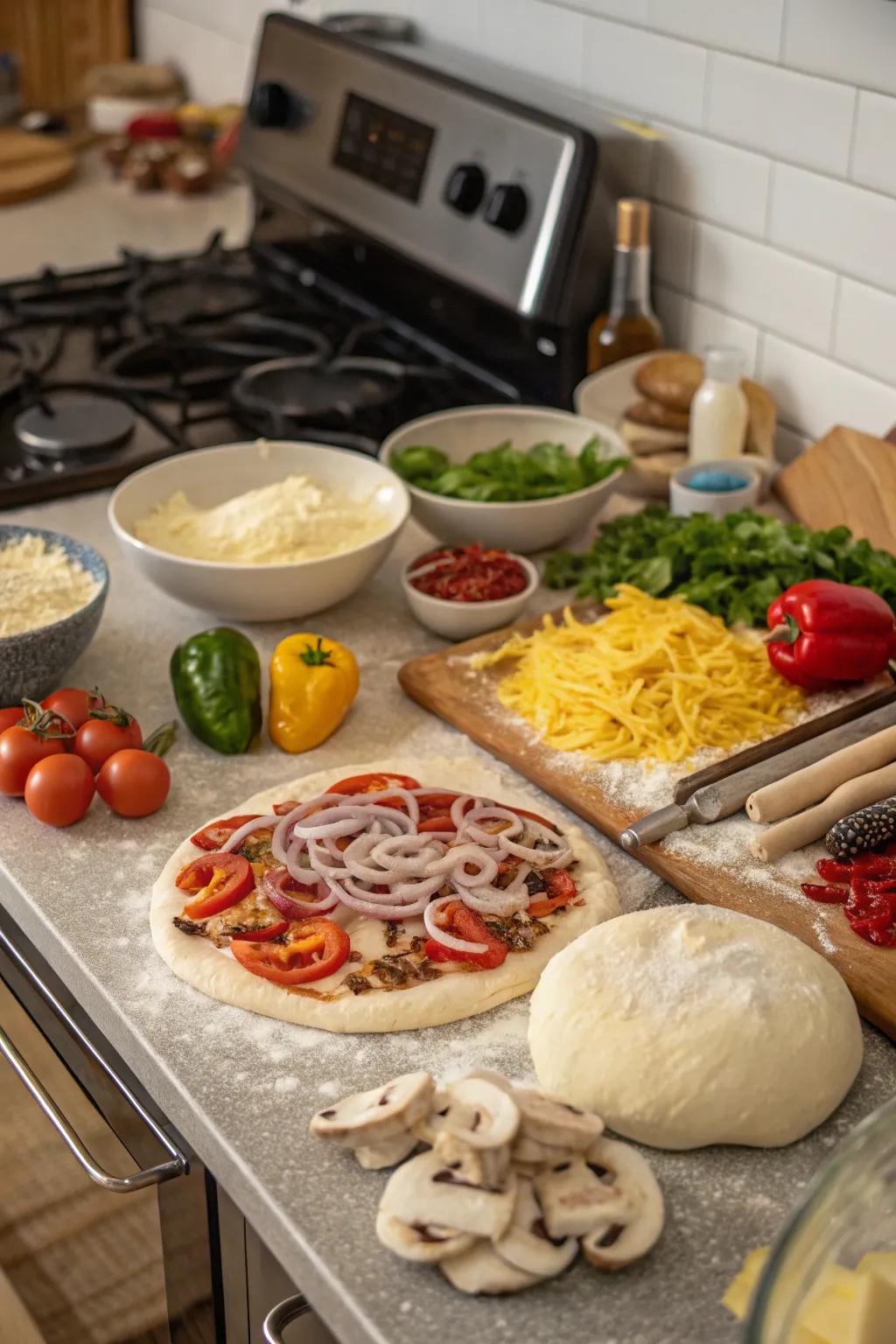 A DIY pizza station set up, ready for guests to personalize their pizzas.