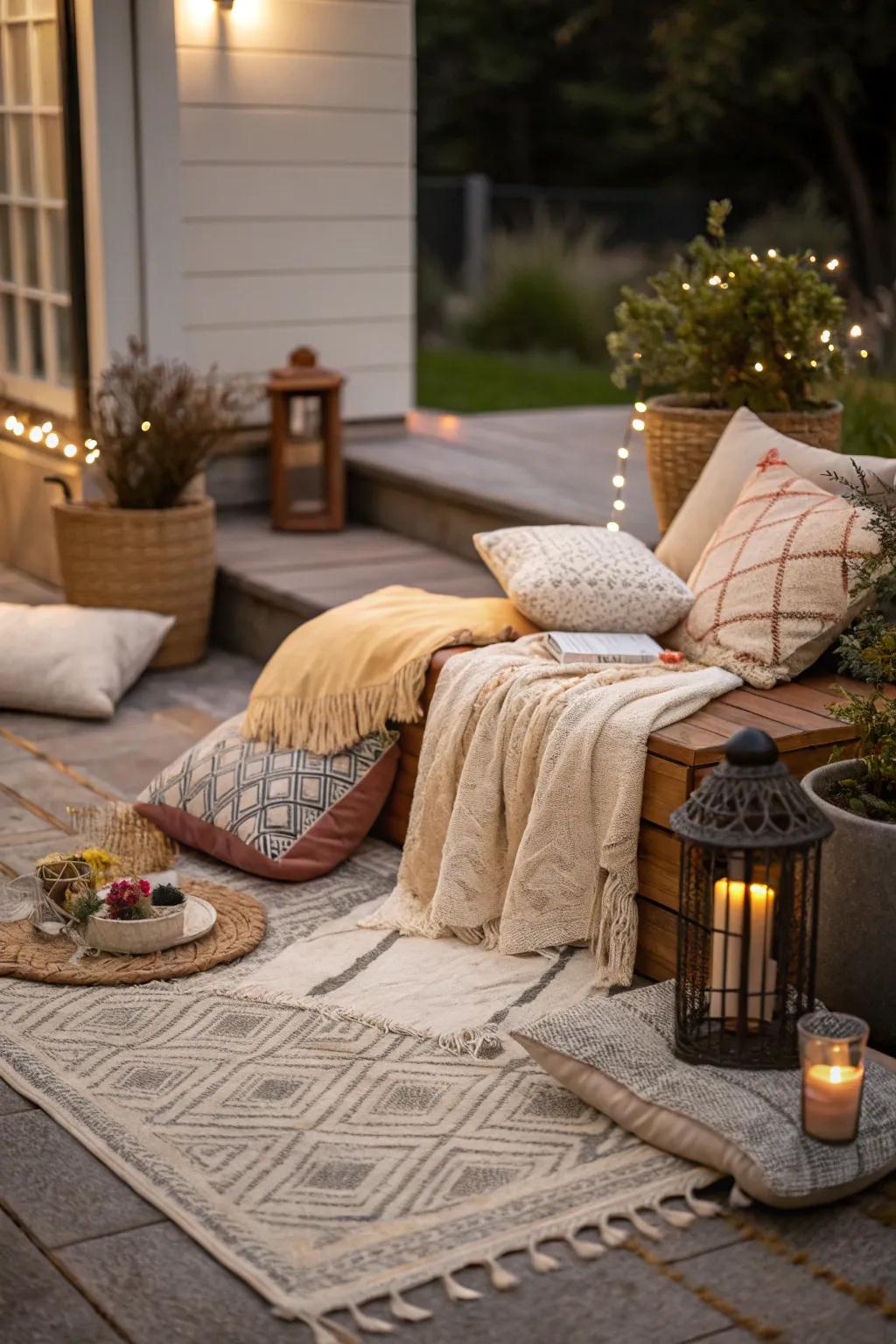 Pillows and throws add warmth to a small patio.