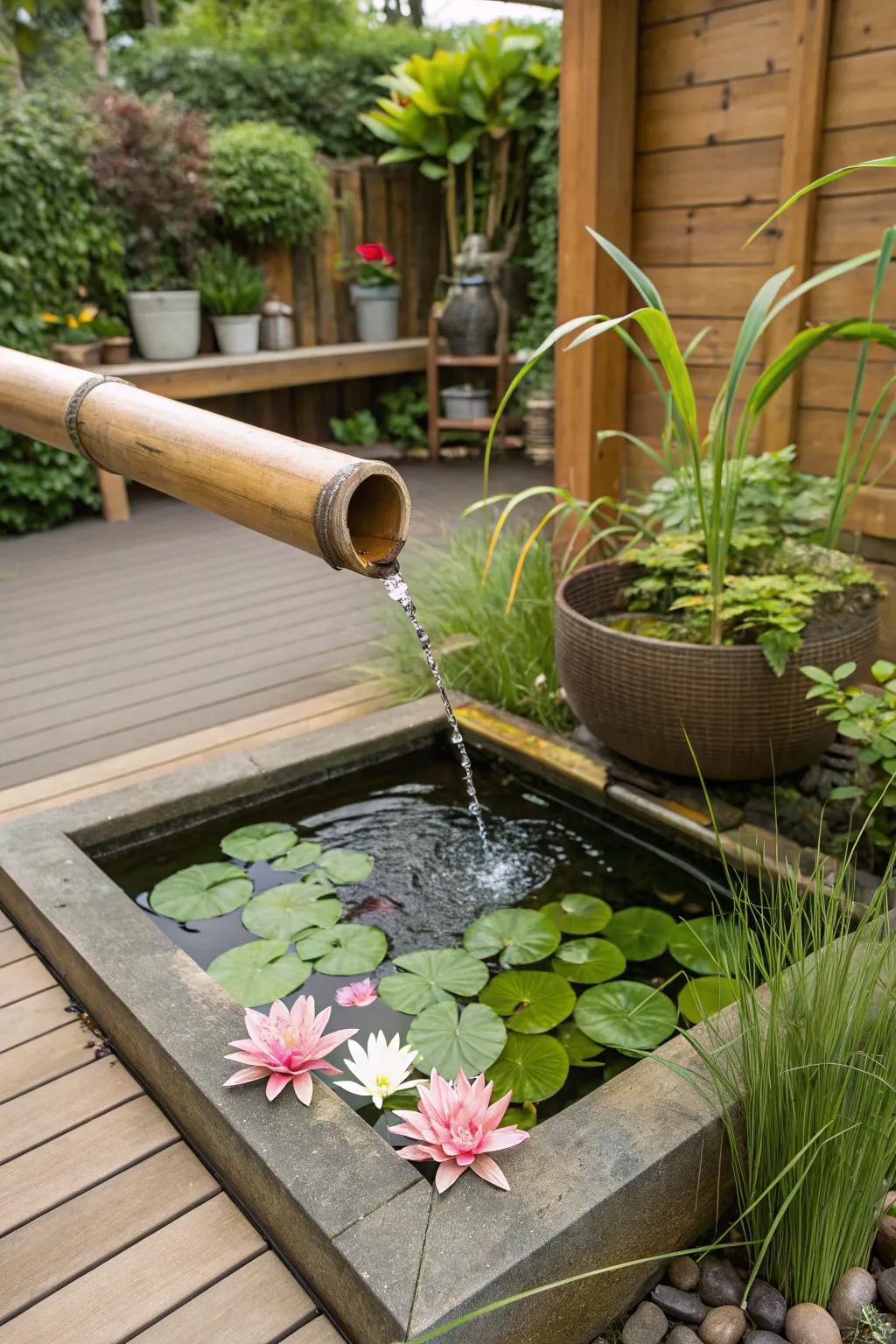 A compact pond on the patio adds a touch of serenity to outdoor relaxation.