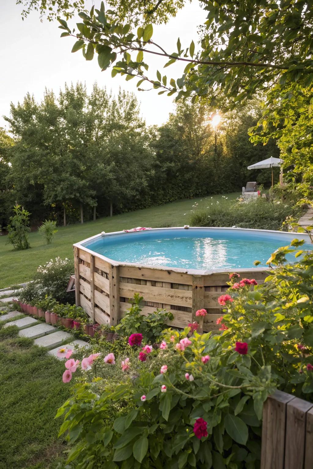 This above-ground pool is enhanced with a creative wood pallet enclosure.