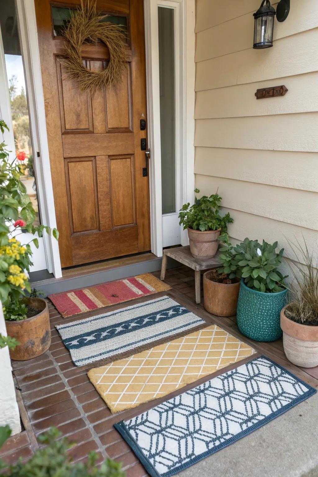 Layered entry mats craft a fashionable and inviting entrance.