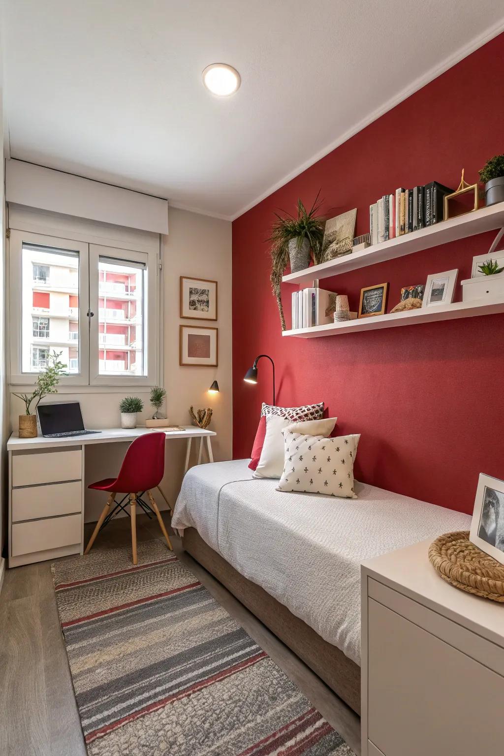A small bedroom featuring a bold crimson feature wall that contributes drama and warmth.