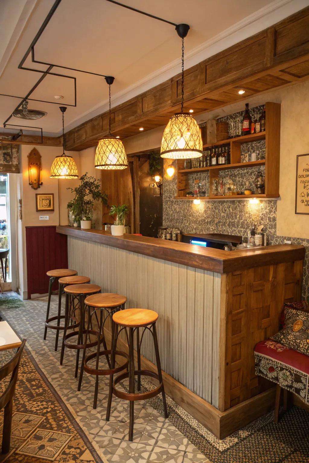A snug bar corner within a petite eatery ideal for close get-togethers.