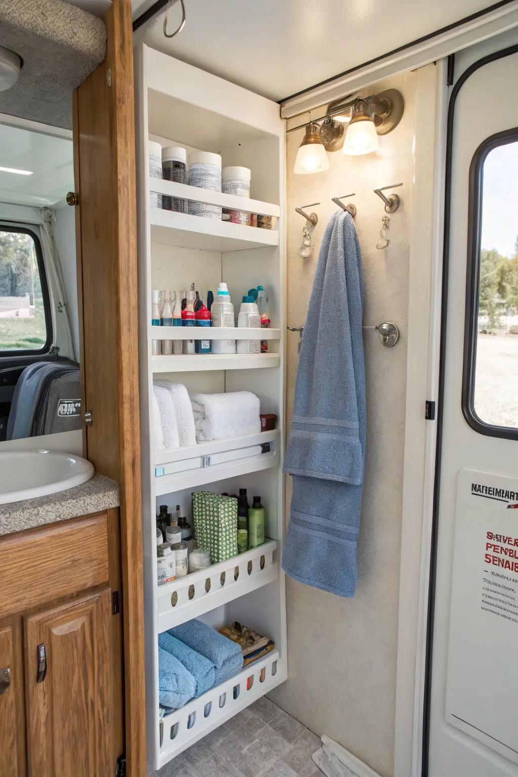 Use vertical shelves and hooks to create clever storage solutions in cramped areas.