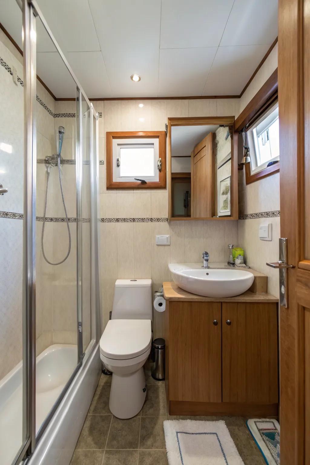 A trim configuration maximizes space in a compact shower room.