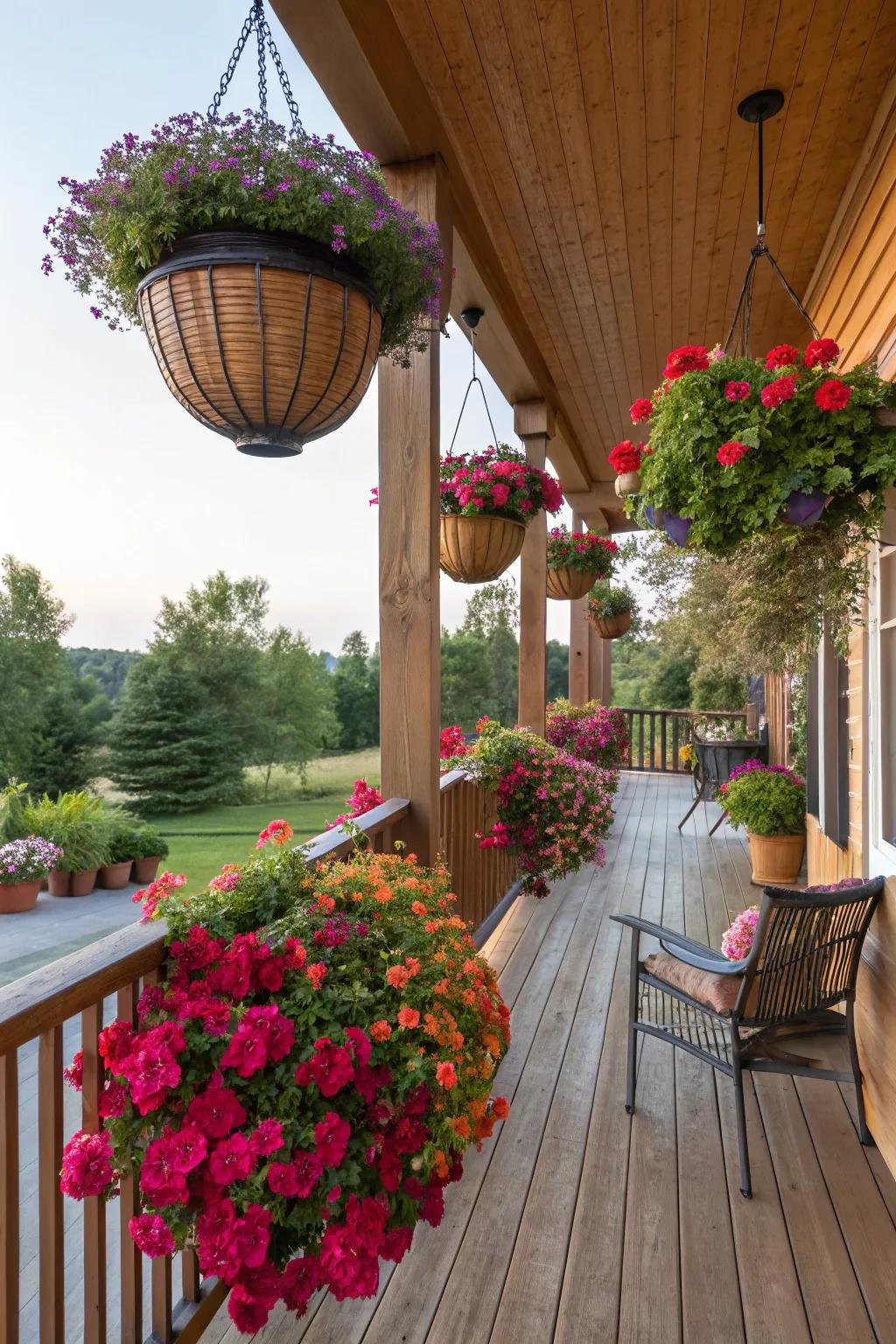 Side porch flourishing with bright potted flora and suspended baskets.