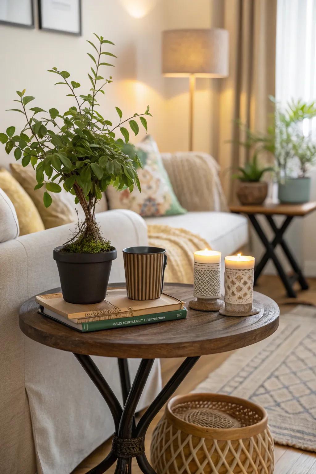 A vibrant plant brings the outdoors into a stylish accent table.