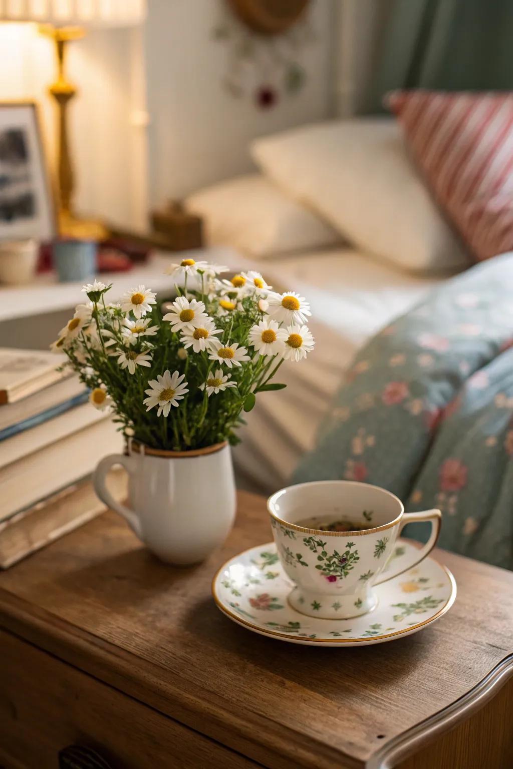 A vintage teacup serves as a perfect petite vase for subtle flowers.