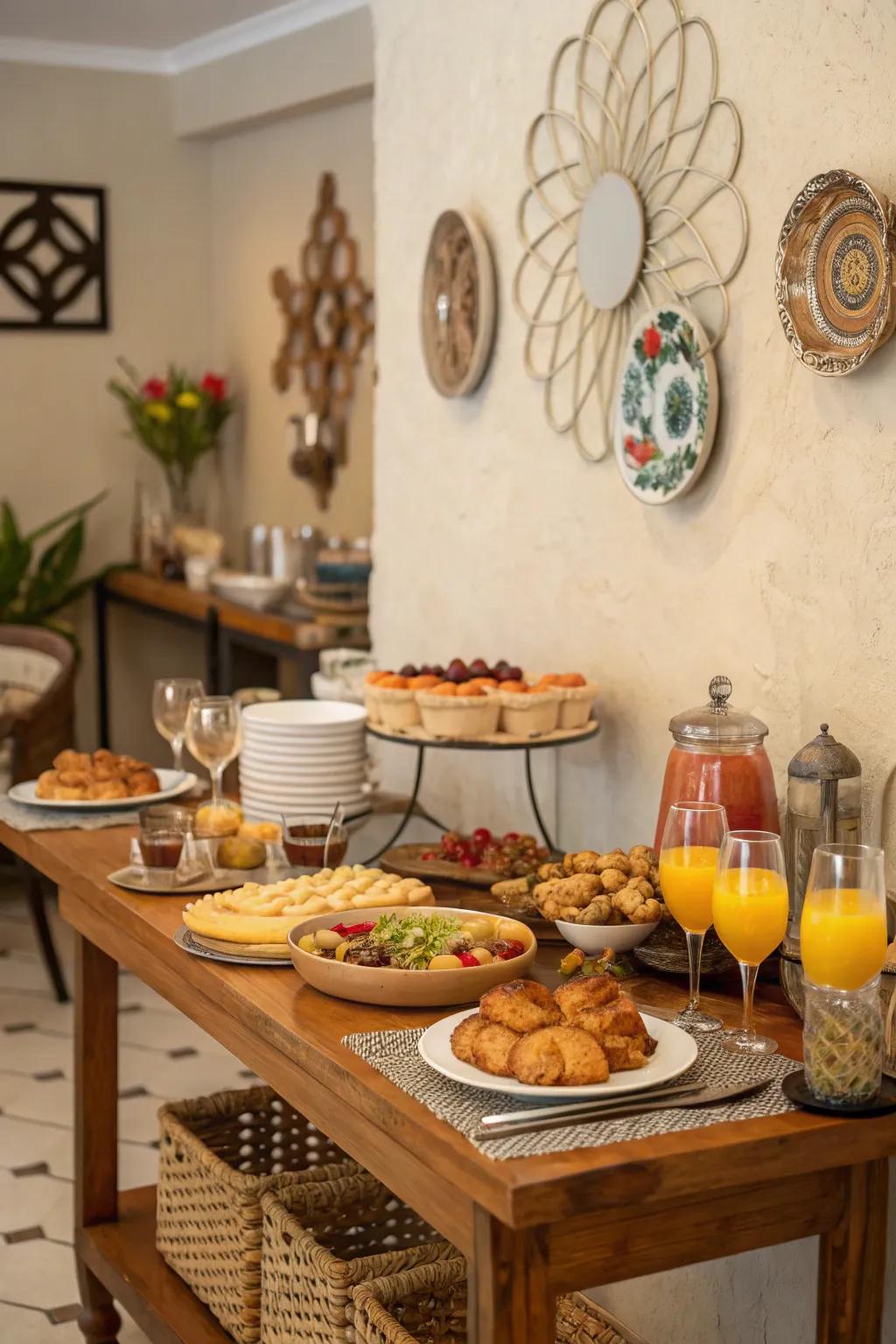 A buffet-style setup encourages interaction and maximizes limited space efficiently.