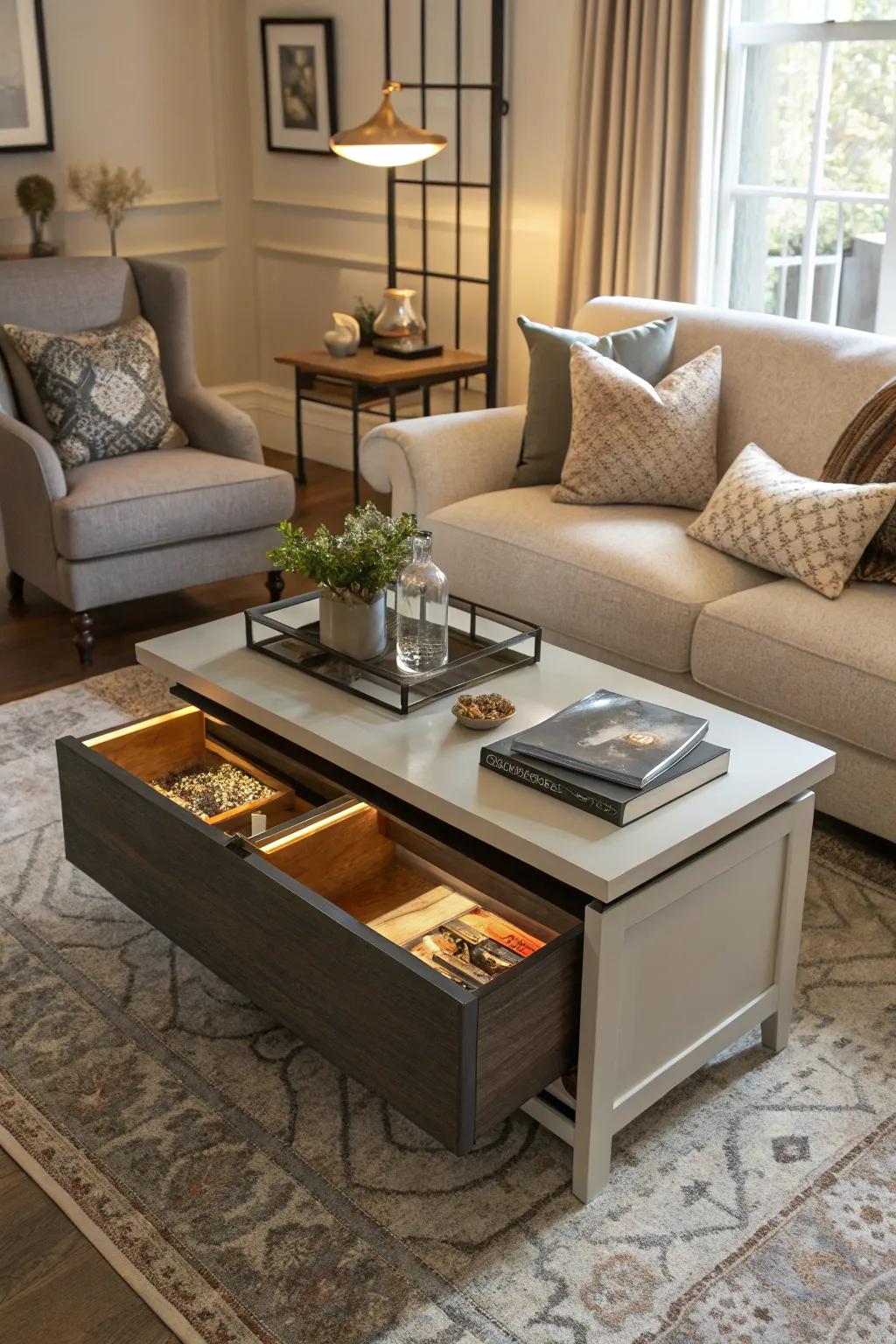 Multi-functional furniture offers style and storage.