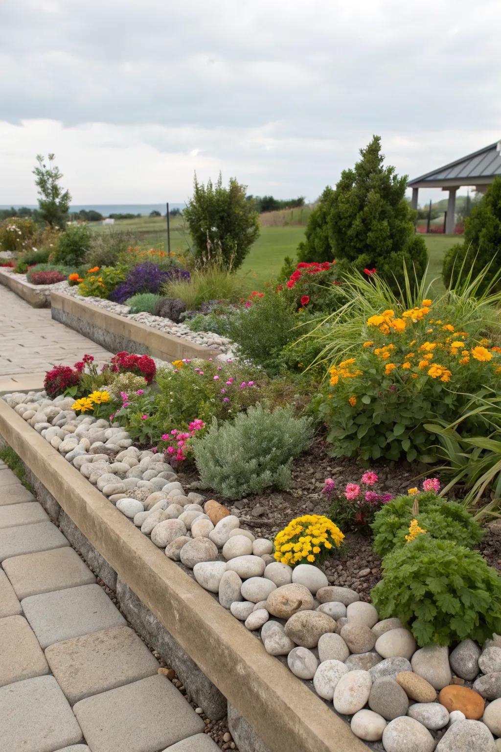 Elegant stone-edged garden beds filled with vibrant plant life.