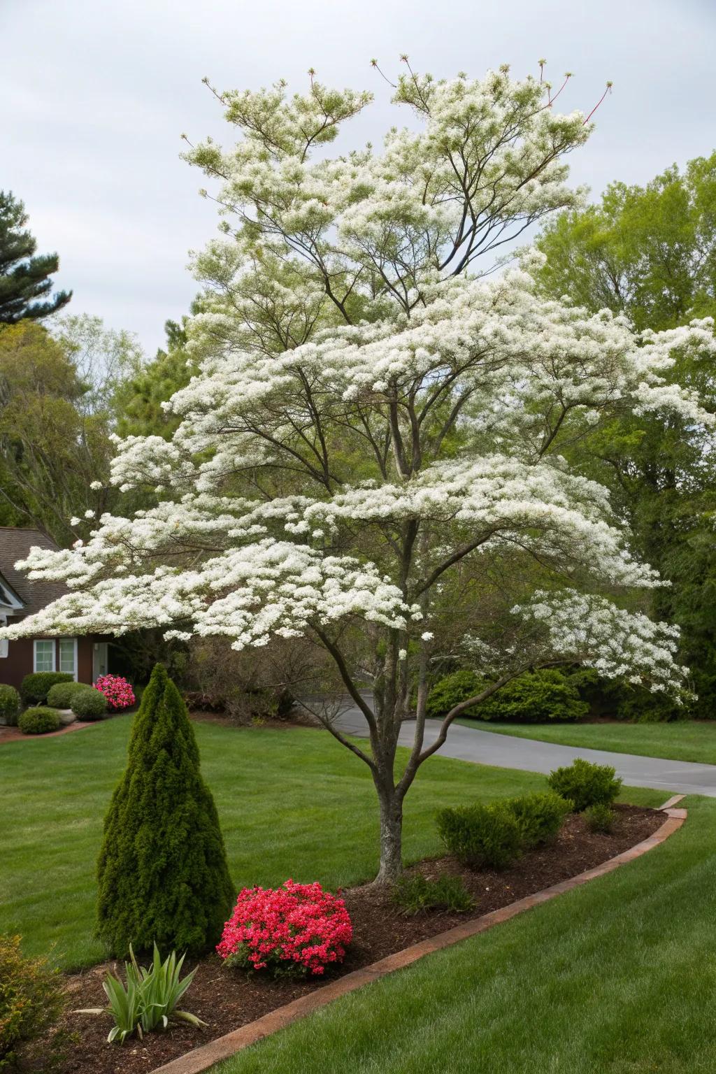 Flowering dogwood adorning a front yard with its stunning blooms and berries.