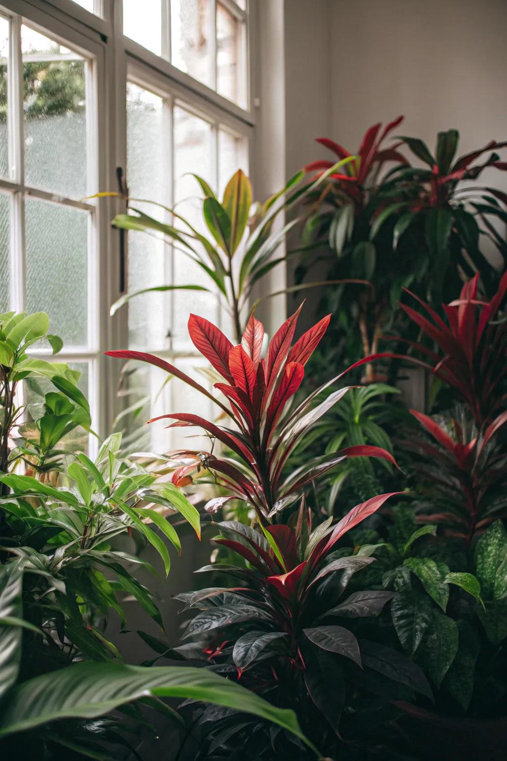 A vibrant little jungle infuses the area beneath the window with vitality and color.