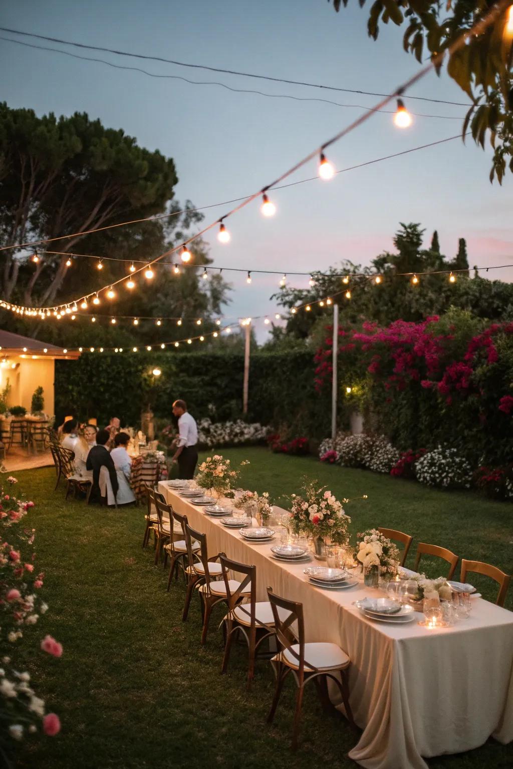 A captivating backyard dining arrangement for an intimate wedding festivity.