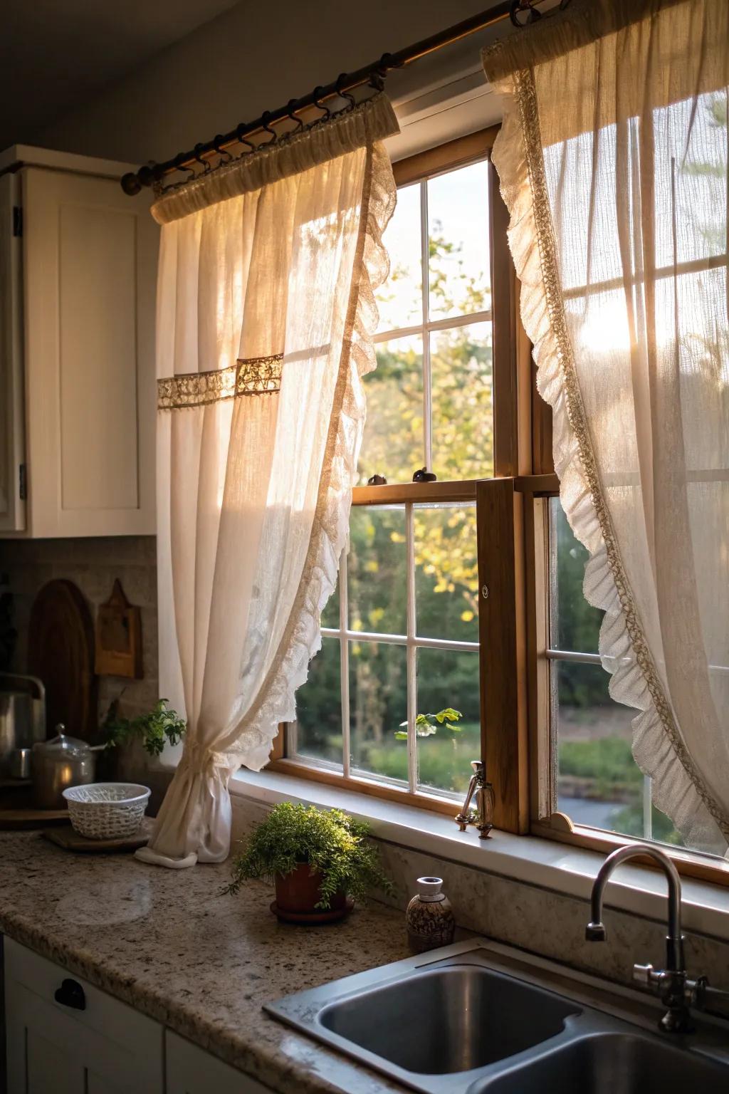 Café curtains deliver a quaint, appealing appearance to small kitchen windows.