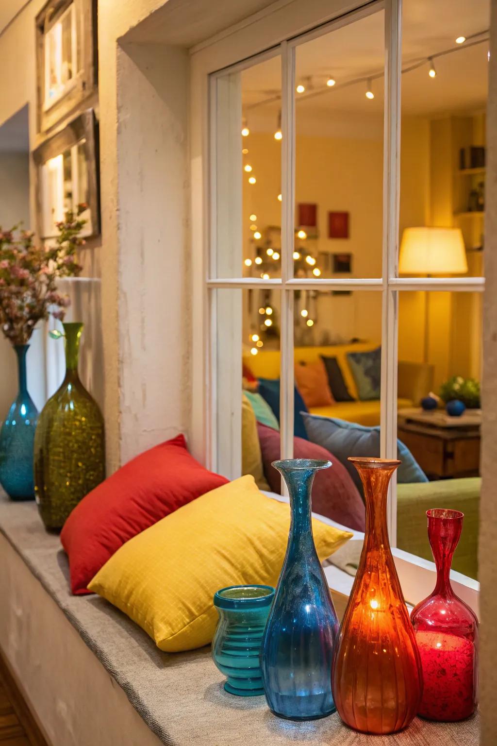 A vibrant window display featuring bold colors for a lively atmosphere.