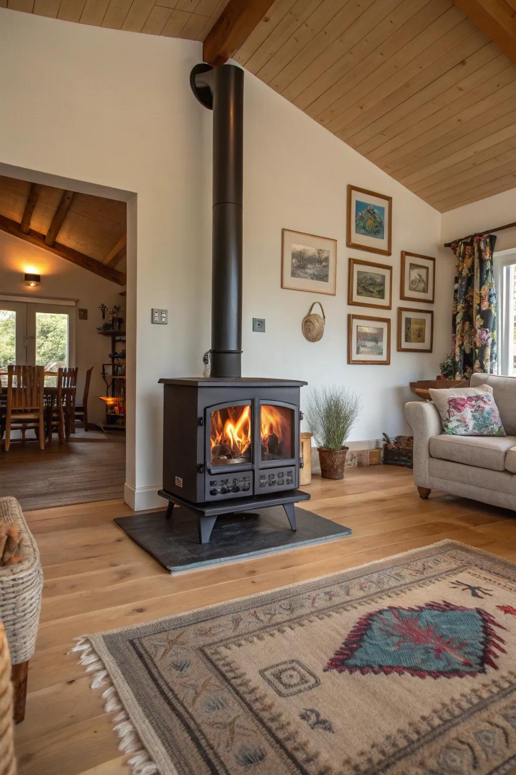 A double-sided wood burner gracefully separates and warms an open living area.