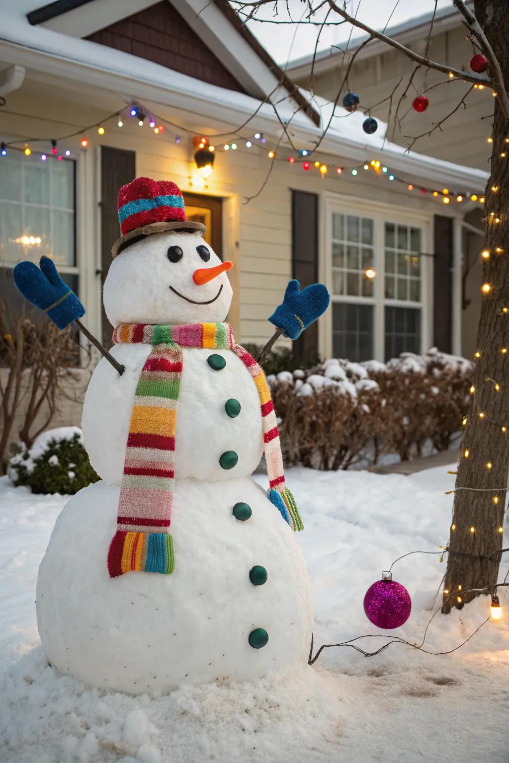 A snowman dressed warmly in colorful winter accessories.