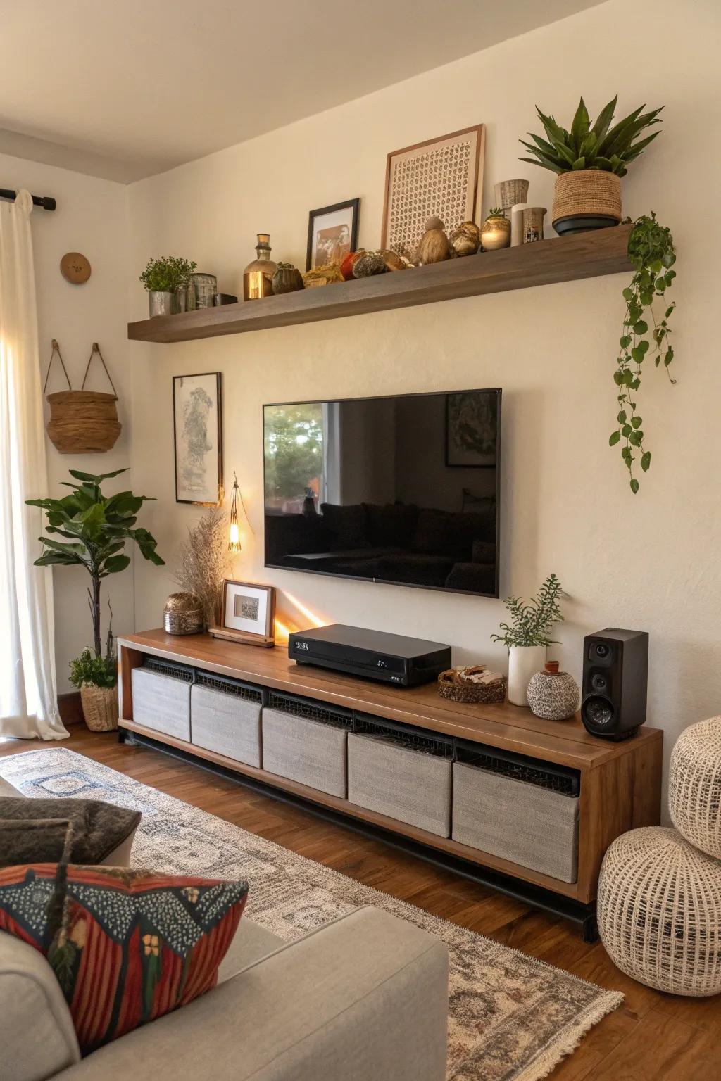 Audio bar displayed beautifully on a floating shelf above the television