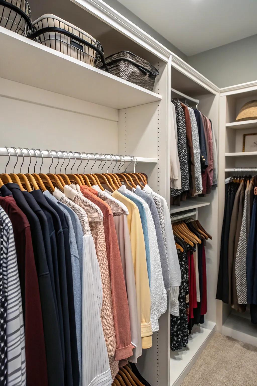 Slim hangers create a clean look and free up space, which keeps your clothes from getting wrinkled.