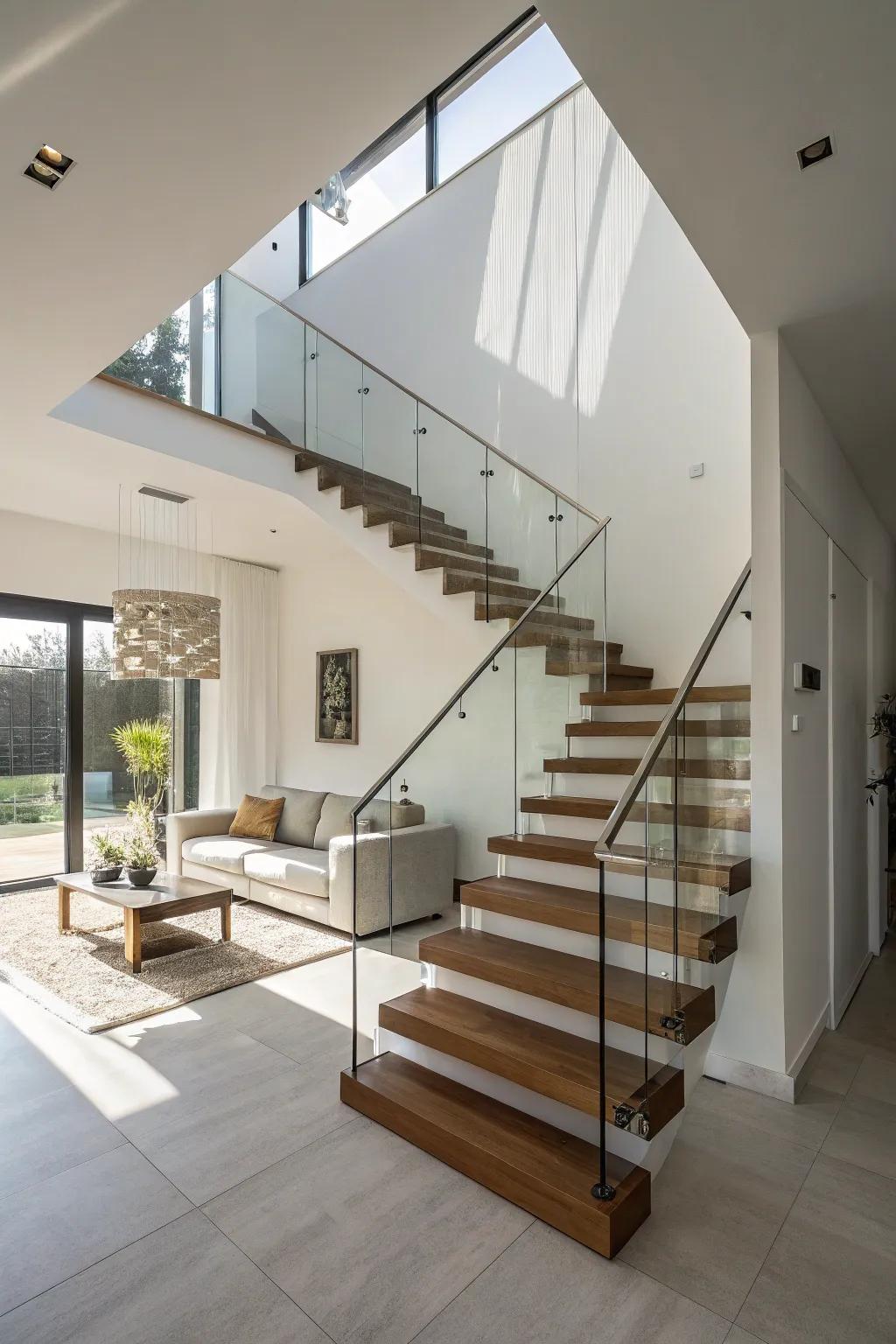 Floating staircase enhancing an airy atmosphere in a minimalist home.