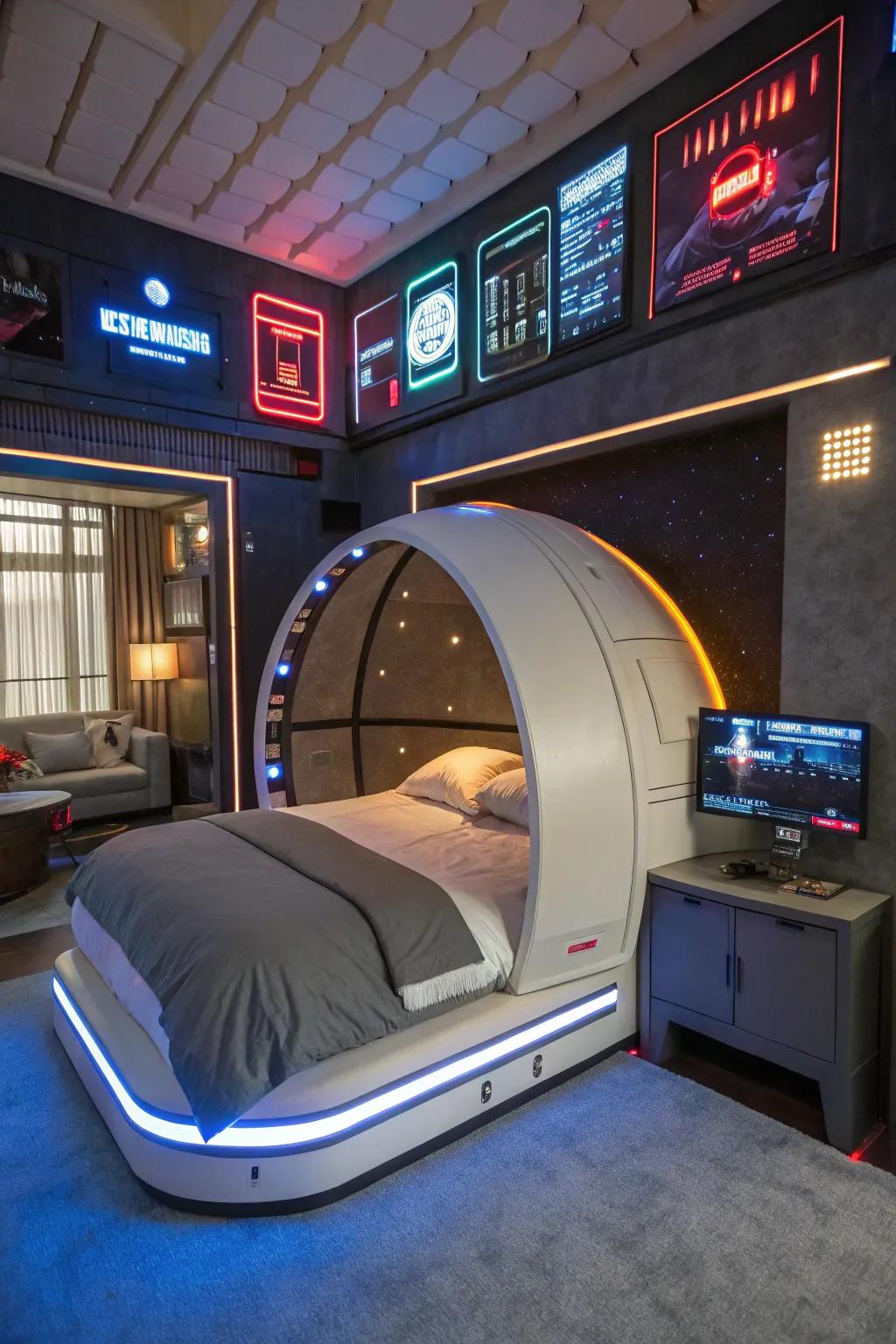 A space pod bed that stands as the centerpiece of the room.